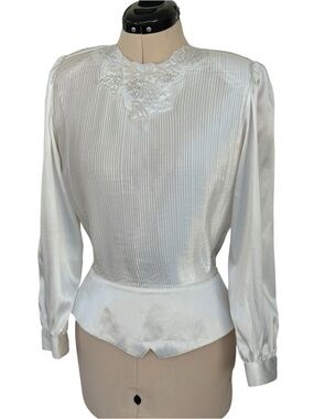 Vintage Nicola Petites Pleated White Satin Blouse